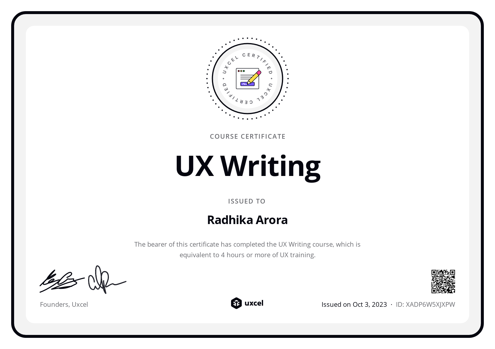 Radhika Arora's certificate